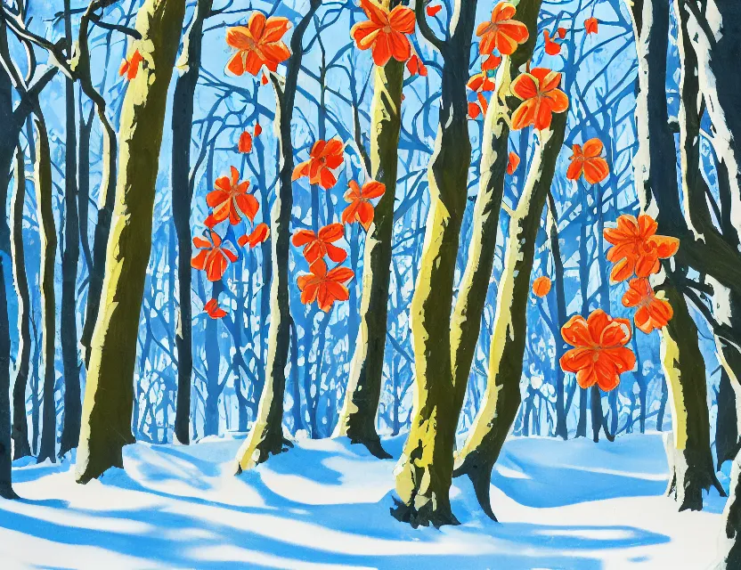 Prompt: winter woods where there's an animal god of ( flowers ). gouache, limited palette with complementary colors, children's cartoon, backlighting, bold composition, depth of field.