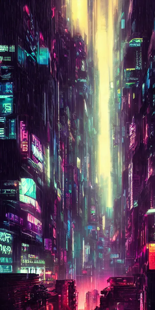 Image similar to hyper realistic cyberpunk cityscape,neon,rain,blade runner, looming surreal sky, stars,moon, 8k,cinematic lighting, detailed oil painting, by tristan eaton,Stanley Artgermm,Tom Bagshaw,Greg Rutkowski,Carne Griffiths,trending on DeviantArt,chillwave,minimalist,cybernetic, android, blade runner,full of colour