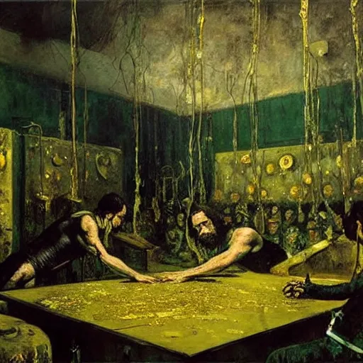 Image similar to realistic Courbet painting of a dark sci-fi laboratory at night, dark green ambient, zombiewalking dressed in rags made of guts and veins dripping golden shiny metalic fluid from ribcage to the floor. liquid shiny pool of gold on the floor.