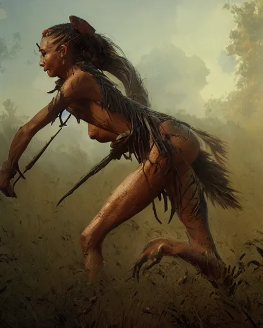 Prompt: hyper realistic photo of prehistoric hunter girl full body, cinematic, artstation, cgsociety, greg rutkowski, james gurney, mignola, craig mullins, jean baptiste monge, brom