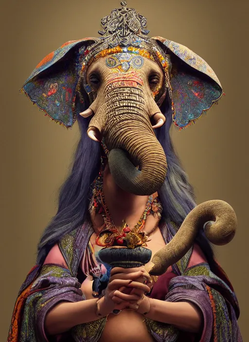 Image similar to an anthropomorphic beautiful goddess female wizard made of elephant portrait holding a staff wearing colourful robe, fine art, award winning, intricate, elegant, sharp focus, octane render, hyperrealistic, cinematic lighting, highly detailed, digital painting, 8 k concept art, art by jamie hewlett and z. w. gu, masterpiece, trending on artstation, 8 k