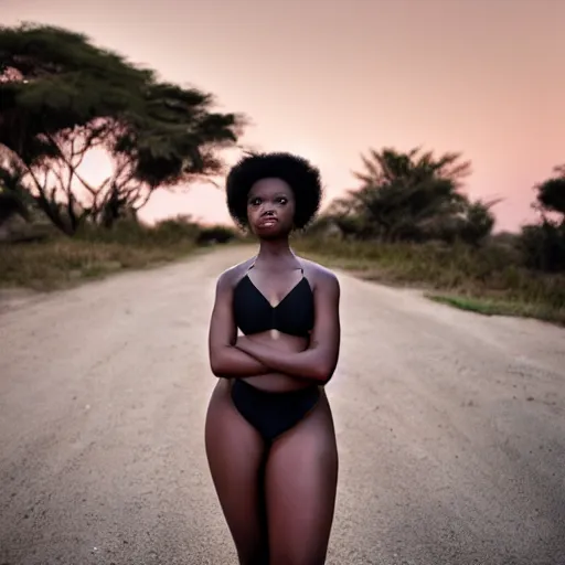 Image similar to portrait face of a curvy beautiful gorgeous black edgy model girl with short hair, bikini, big leaps, blue eyes, she's sad, sunset, street of africa at night, 8 0 mm lens, 1. 2 aperture, grainy image, close up, cinematic light, 8 k, 4 k, very detailed, depressing atmosphere, cover magazine