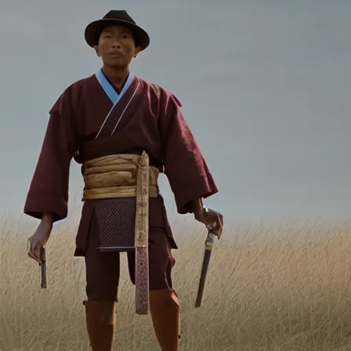 Image similar to cinematic film still Pharrell Williams starring as a Samurai holding fire, Japanese CGI, VFX, 2003, 40mm lens, shallow depth of field,film photography