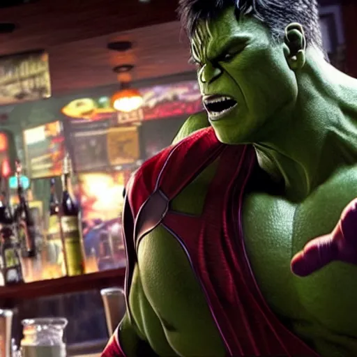 Image similar to the hulk fighting against spider-man in a bar, photorealistic, high detail, cinematic