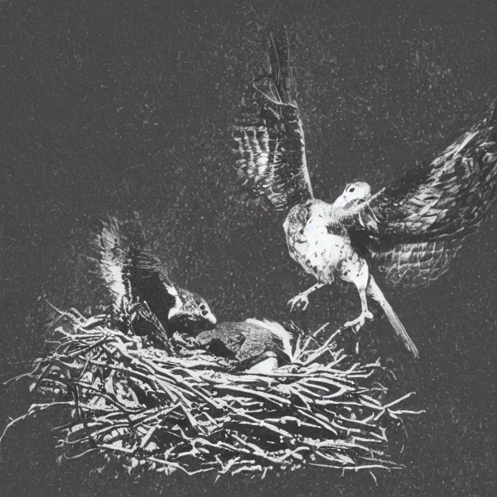 Prompt: bird of prey feeding a rabbit carcass to its offspring in the nest, dark photo, black and white photo, trees and branches bakground, motion blur, grainy, halftone printing, bad photocopy, bad print