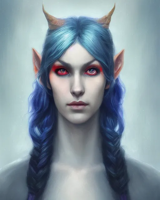 Prompt: A detailed matte oil on canvas head on symmetrical portrait of a distinguished elven woman with split red and blue hair on an empty background, by Charlie bowater, Wlop, trending on artstationhd, dungeons and dragons art, parted hair , half blue, half red , split dye, critical role