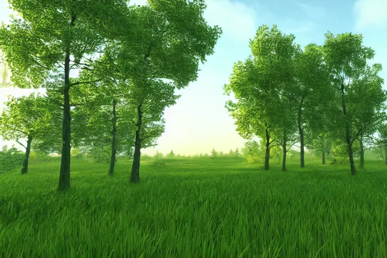 Prompt: a grass land with tons of trees, 4 k, 8 k, photorealistic landscape, landscape imagery, 4 k luminous lighting, volumetric lighting,