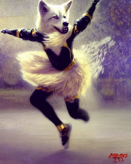 Image similar to an athletic white female anthro wolf skating at a roller derby, 4 k, furaffinity, fursona, trending on artstation, energetic, speed, motion blur, by gaston bussiere, craig mullins, sakimichan, gustav klimt, artgerm, greg rutkowski, alphonse mucha