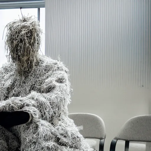 Prompt: a man wearing a white ghillie suit, sitting in a waiting room, film still, white and blue color scheme