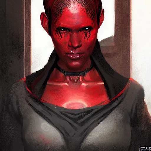 Image similar to portrait of a woman by greg rutkowski, twi'lek, younh, red and black skin, star wars expanded universe, wearing black robes, she is about 2 0 years old, highly detailed portrait, digital painting, artstation, concept art, smooth, sharp foccus ilustration, artstation hq