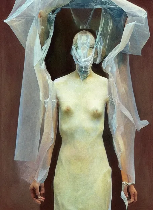 Prompt: woman in a translucent clothing made from plastic bag with paper bags for clothes standing inside paper bags with paper bag over the head at store display Edward Hopper and James Gilleard, Zdzislaw Beksinski, highly detailed