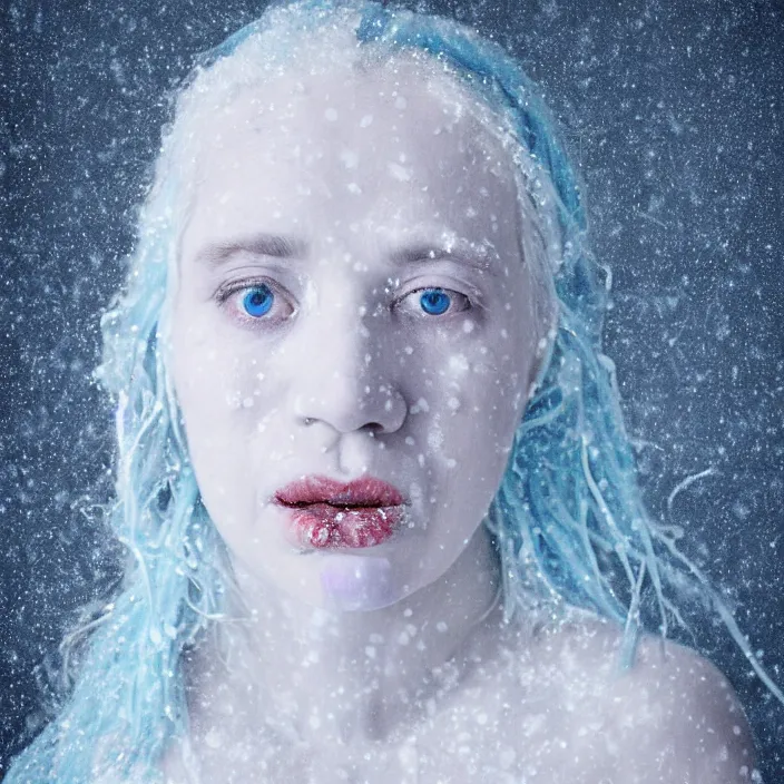 Image similar to a sickly looking woman dying of hypothermia, with very white skin and pale blue hair wearing a long white dress made out of snowflakes in the middle of a heavy snowstorm. blue lips. full body digital portrait by maromi sagi