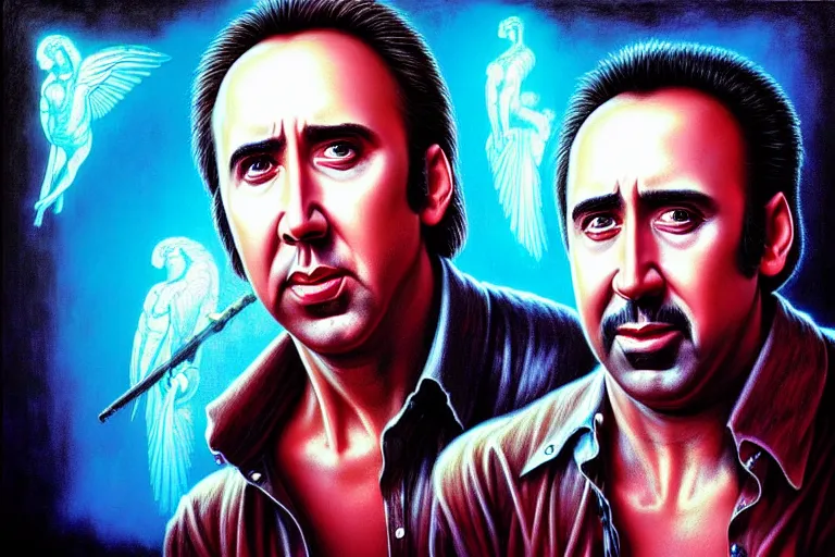 Image similar to nicolas cage in “ miami vice ” artwork, 4 k digital art, neon, 8 0's style tomasz alen kopera, peter mohrbacher, donato giancola, ilya repin, drew struzan