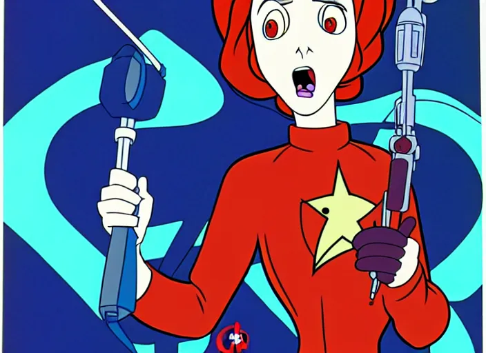 Image similar to dana scully on the real ghostbusters, shaded animation cel, anime, sharp detail, animation cel, thin linework, in the style of don bluth, bruce timm, studio trigger, 5 k, hd
