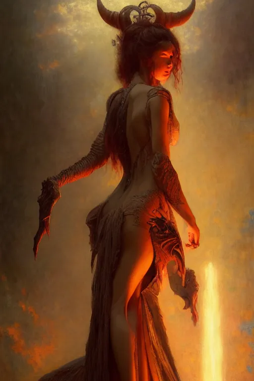 Image similar to a full body portrait of a demon girl wearing gown, high detail, cleary see face, by gaston bussiere, bayard wu, greg rutkowski, odd nerdrum, maxim verehin, dan dos santos, masterpiece, sharp focus, cinematic lightning