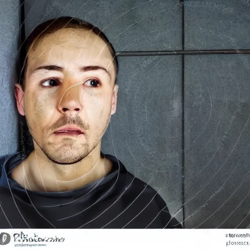 Prompt: prisoner alone in his cell setting up a video call using an ipad, photorealistic, frustrated expression, dark, restrictive firewalls