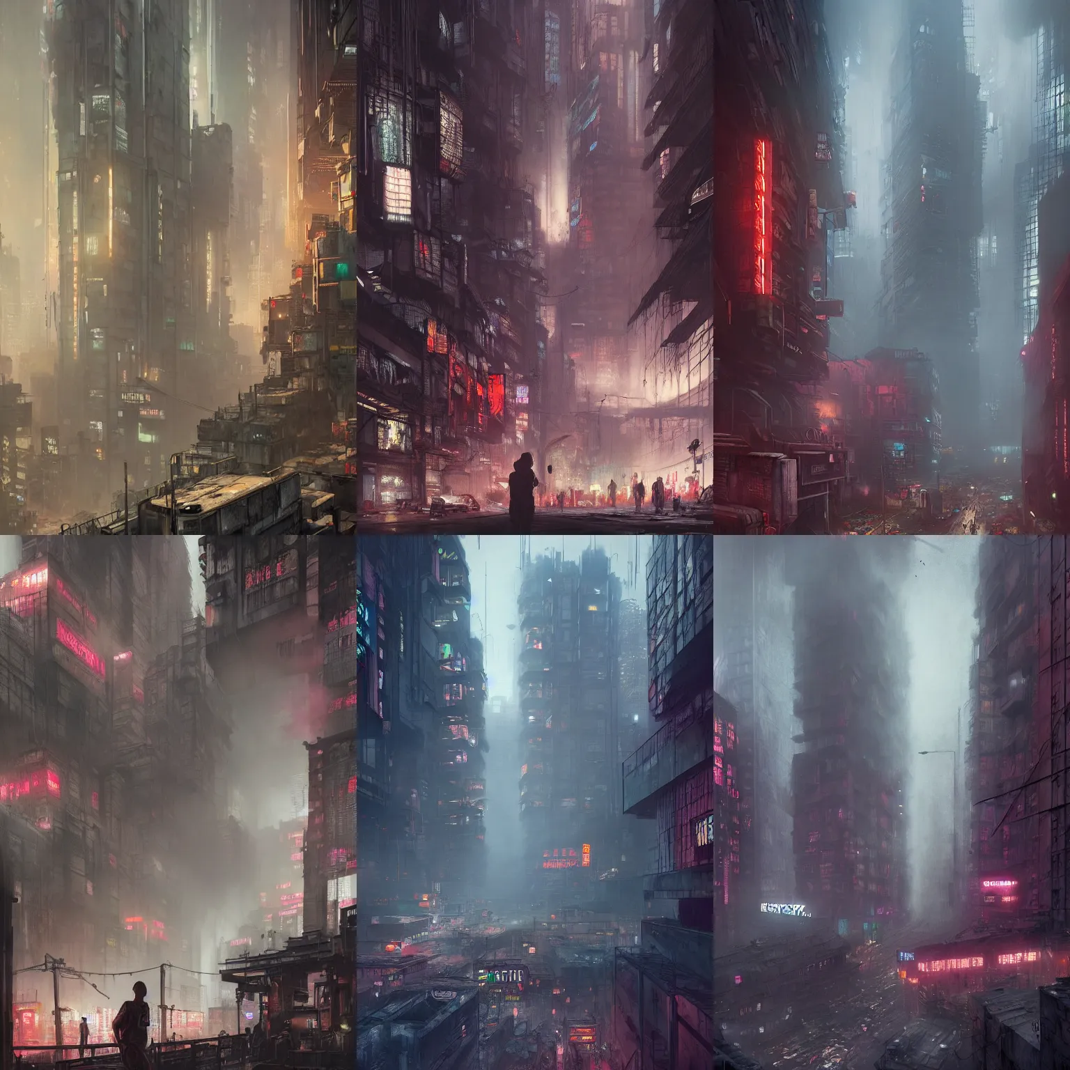 Prompt: a brutalist cyberpunk undercity slum, mist and smoke, crowded and dirty, neon lights and adds, architecture, a realistic digital painting by greg rutkowski and james gurney, trending on artstation, very highly detailed, 8 k