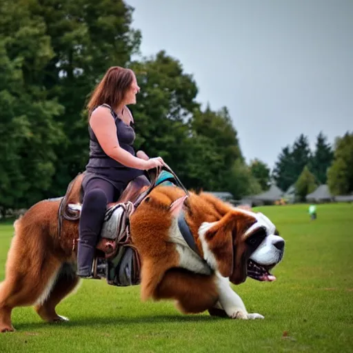 Prompt: a photograph of a woman riding a giant saint Bernard in the park,