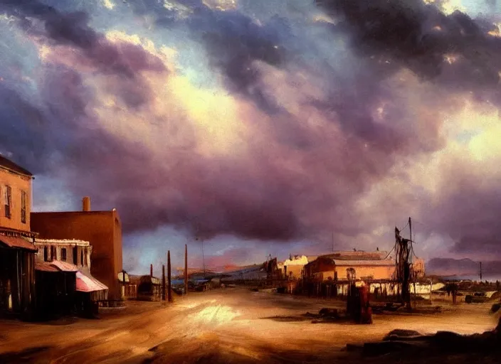 Image similar to oil painting of american old west town, harbour, dramatic storm clouds, dusty street, sunrays, dramatic, very very very beautiful art, cinematic lighting, romanticism by goya, bright art, pastel color, pink and blue sky, sunny summer day, tall mountains