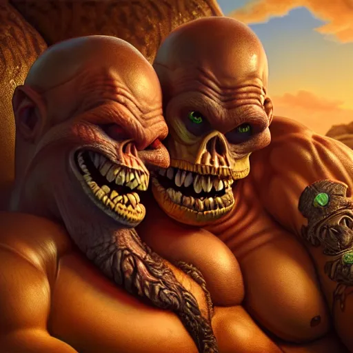 Prompt: intricate beautiful hyperreal portrait of grog strongjaw and pike trickfoot, smiling softly, casual clothes, relaxing on the couch, home interior, golden hour, close up shot, 8 k, art by irakli nadar, hyperrealism, hyperdetailed, ultra realistic