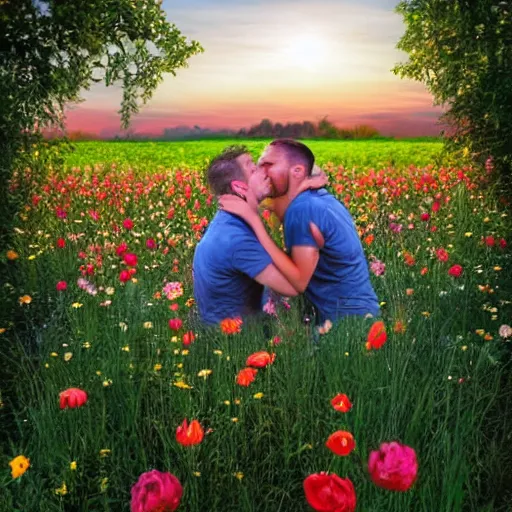 Image similar to a gay couple in their 30s together in a field of flowers at sunset, realistic, intricate, 4k