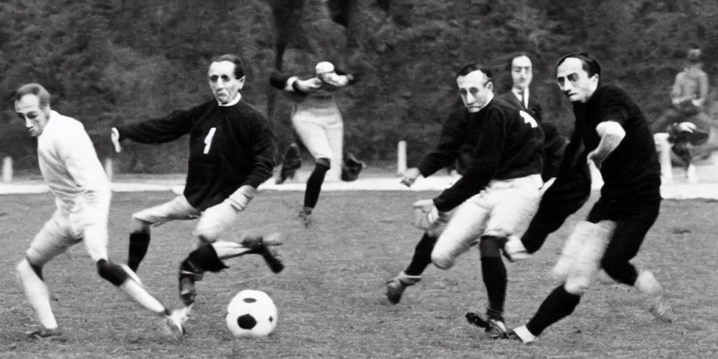 Image similar to marcel duchamp playing footbal with marcel broodthaers