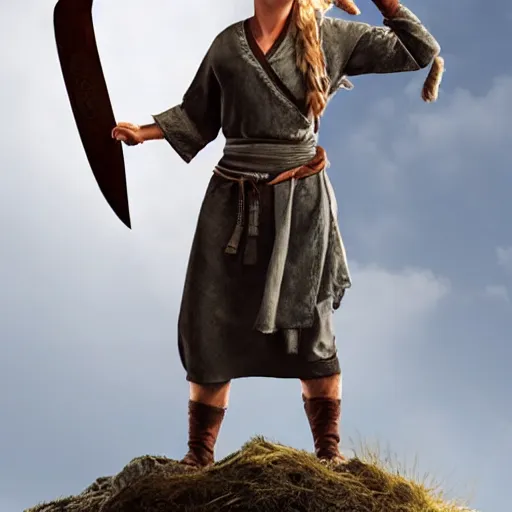 Image similar to an female viking wearing short sleeved robes holding an giant axe