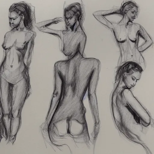 Prompt: sketch of a beautiful woman, multiple sketches on a page, life drawing