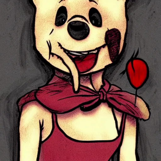 Prompt: grunge drawing of a cartoon winnie the pooh with blood by mrrevenge, corpse bride style, horror themed, detailed, elegant, intricate