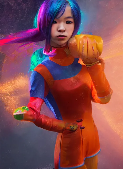 Prompt: teenage rainbow hair asian girl wearing an orange superhero costume, bioshock, au naturel, hyper detailed, digital art, trending in artstation, cinematic lighting, studio quality, smooth render, unreal engine 5 rendered, octane rendered, art style by klimt and nixeu and ian sprigger and wlop and krenz cushart