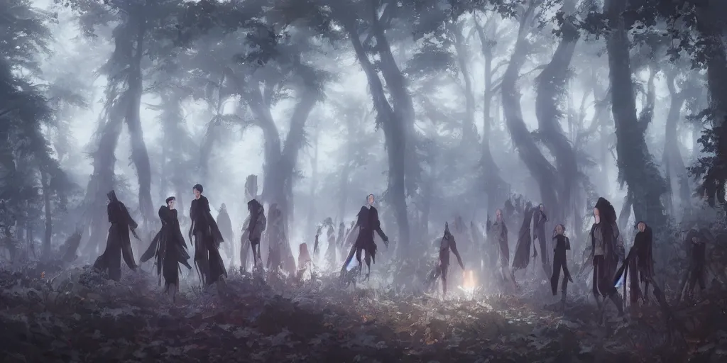 Image similar to group of vampires in the woods, hyperrealistic, trending on pixiv fanbox, painted by greg rutkowski makoto shinkai takashi takeuchi studio ghibli, akihiko yoshida