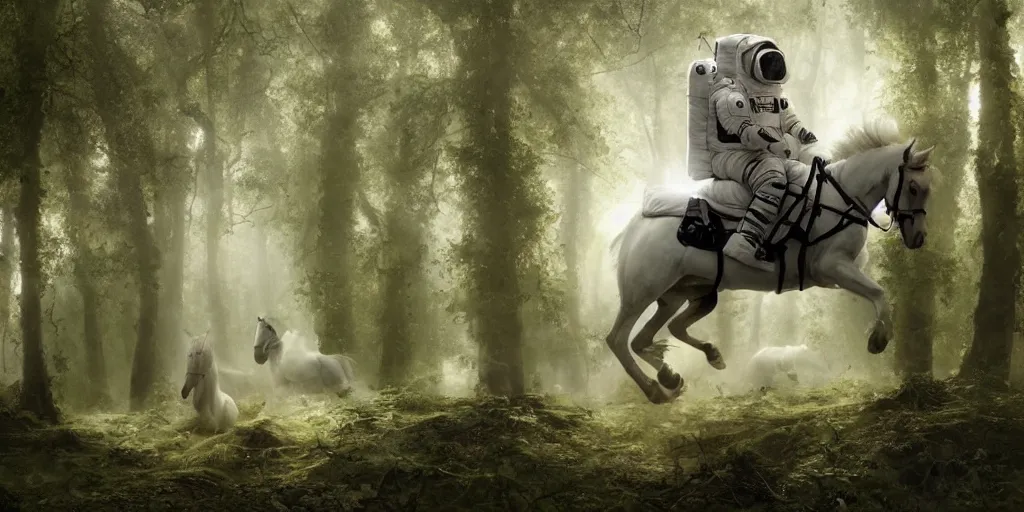 Prompt: an astronaut riding on the back of a white horse through a forest, a detailed matte painting by frieke janssens, featured on cgsociety, fantasy art, matte painting, reimagined by industrial light and magic, matte drawing