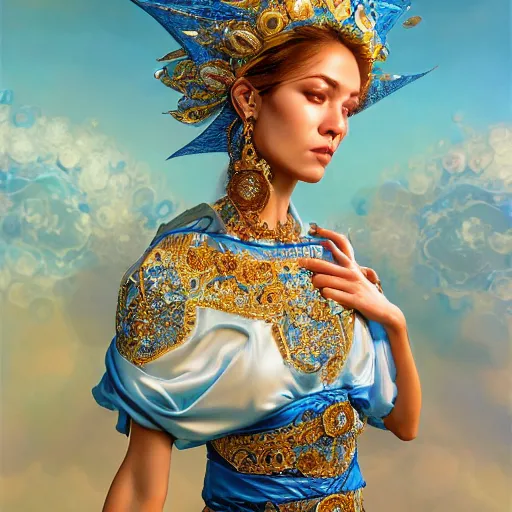 Prompt: a beautiful woman wearing a blue and white kaftan made of silk with golden ornaments and diamonds by alex gray and android jones , Karol Bak, Ayami Kojima, Amano , concept art, character design, fantasy,3D, 8k resolution