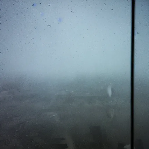 Image similar to view out of a window, fallout city and radioactive rain, with a oppressive mood and fog in uneasy colors