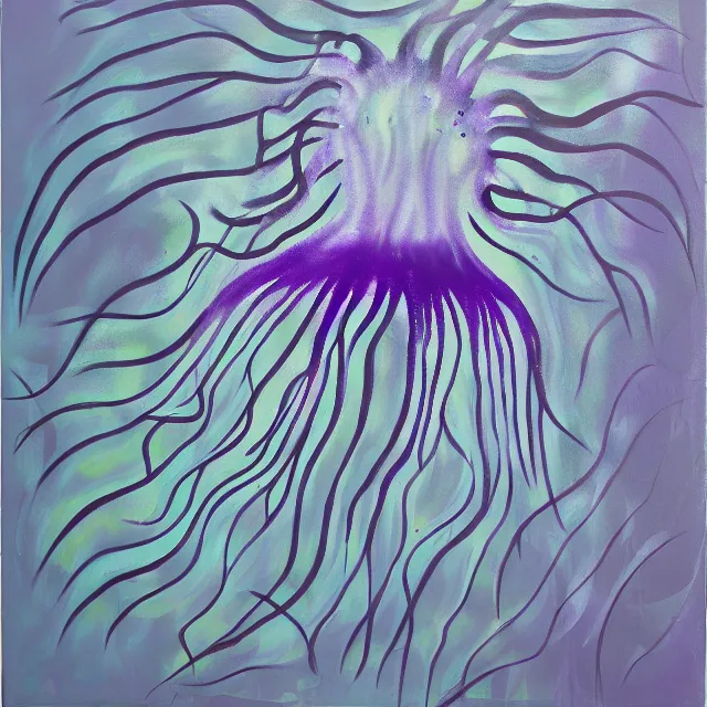 Image similar to violet jellyfish, black fish, stingray, grey coral, depression, neo - expressionism, surrealism, acrylic and spray paint and oilstick on canvas