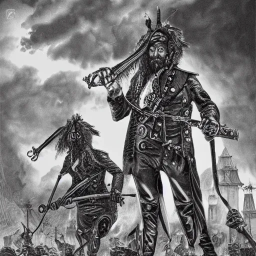 Prompt: Napoleonic grenadiers & gigant Monser, intricate artwork by Alan Moore, François Baranger, eldritch horror, lovecraft, hyperrealism, high detail, black and white, high contrast, depth of field