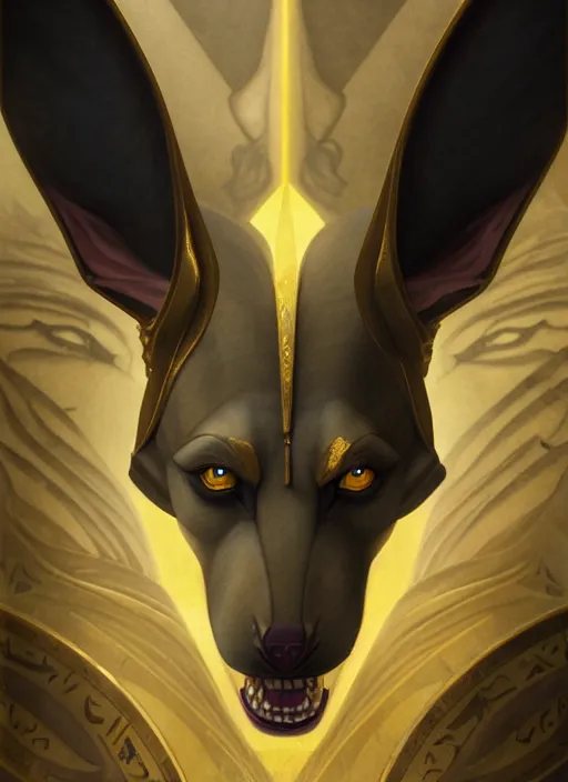 Prompt: close up portrait of sinister anubis, egyptian symbolism, fair olive skin, yellow pupils, sneering moroccan man by artgerm, cushart krenz, greg rutkowski, mucha. art nouveau. gloomhaven, swirly vibrant ripples, moody colors, sharp edges. ultra clear detailed. 8 k. elegant, intricate, octane render