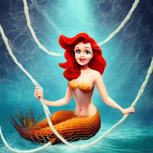 Prompt: disney poster of the little mermaid trapped in a fishing net, distressed look, 4 k, artstation