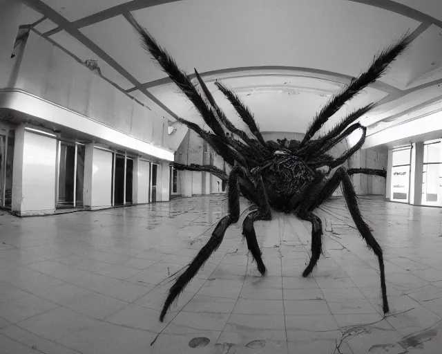 Prompt: camera footage of a Gigantic Spider Demon in an abandoned shopping mall, high exposure, dark, monochrome, camera, Unreal engine 5, grainy, CCTV, security camera footage, timestamp, zoomed in, fish-eye lens, Evil, spider, horrifying, lunging at camera :4