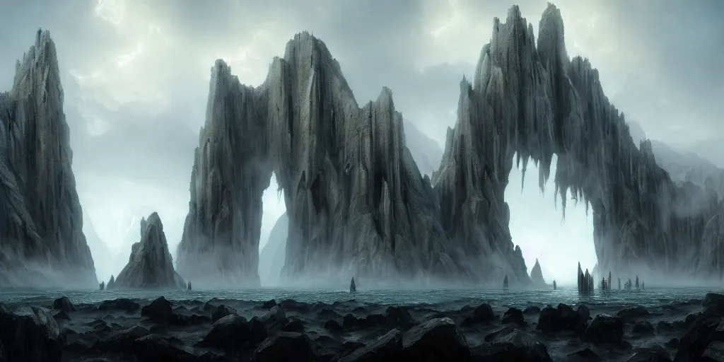 Image similar to the gates of argonath, dramatic lighting, colossal statues, by john howe, weta workshop, greg rutkowski, artgerm, ross tran, conrad roset, takato yomamoto. 4 k, beautiful, cinematic dramatic atmosphere, matte painting