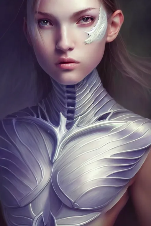 Image similar to a photorealistic painting of an attractive young girl, partially clothed in ethereal armor emitting psychic powers, beautiful bone structure, perfectly proportioned face, perfect eyes, intricate, elegant, highly detailed, hyper detailed, volumetric lighting, trending on tumblr, by artgerm, by loish, fantasy scene, fantasy aesthetic, trending on Artstation