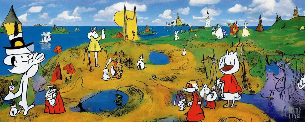 Prompt: the moomins in moominvalley, salvador dali painting, very detailed!, high quality, 4 k