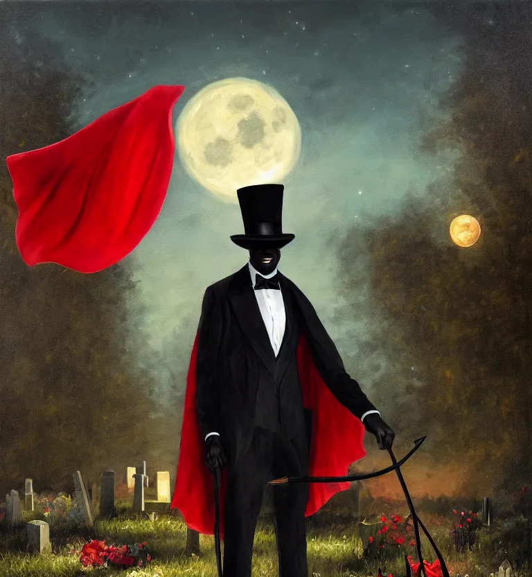 Image similar to a realistic oil painting of a black man in a cemetery at night wearing a top hat that hides his face and a black and red cape while holding a trident, digital art, realistic, detailed, moonlight.