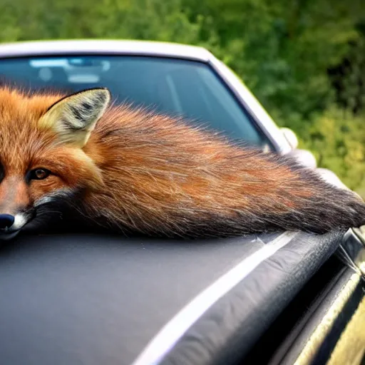 Image similar to curled up fox on a car's hood, award winning photography