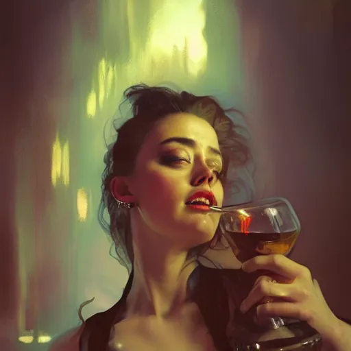 Image similar to hyperrealistic portrait of a woman as amber heard drinking wine in hell by jeremy mann and alphonse mucha, fantasy art, photo realistic, dynamic lighting, artstation, poster, volumetric lighting, very detailed faces, 4 k, award winning