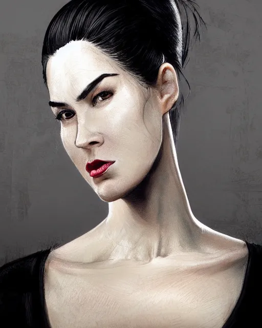 Image similar to portrait of a tall 4 0 - year - old woman with thin lips, long, lush black hair gathered on the head bun, and thick eyebrows, haughty facial expression, wearing in black clothes, aristocratic appearance, hyper realistic face, beautiful eyes, character art, art by mark brooks, hyperdetailed, cryengine, trending on artstation, digital art