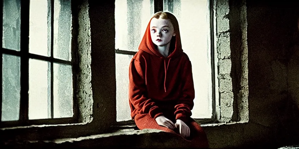 Image similar to at night, sadie sink in hoodie sits on windowsill, knees tucked in | rain falls, old brick wall with ussr propaganda posters : 3 5 mm film, anamorphic, single long shot from schindler's list by steven spielberg. cyberpunk, cinematic atmosphere, detailed and intricate, perfect anatomy