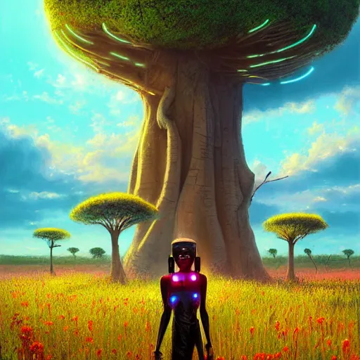 Prompt: an african cyberpunk hacker girl with her headset plugged into a giant glowing baobab tree in the middle of a field of flowers at sunset, by greg rutkowski and android jones in a surreal cyberpunk! style, oil on canvas, 8k hd,