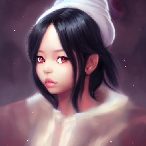 Prompt: beautiful girl, portrait, dark skinned, black hair, cute, digital painting, pixiv, popular illustrations, by enji _ works, masterpiece