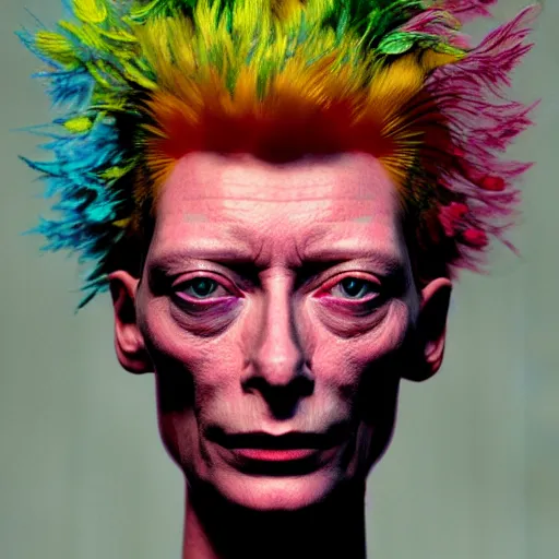 Image similar to a realistic octane render physically based rendering punk neon tilda swinton, trending on artstation, by archan nair and marlene dumas, intricate details, flowers, in the style of frank auerbach, in the style of martin ansin, in the style of david aja, by kandinsky